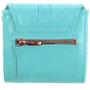Baby Blue Ladies Bi-Fold ID Leather Wallet  - compact wallet opens to a 7" bill pocket , flip ID holder and 10 credit card slots. The exterior has a zippered coin pocket and a nickel-plated solid brass snap closure. Closed sized 4.5" x 4.5"