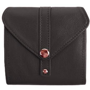 Black Ladies Bi-Fold ID Leather Wallet  - compact wallet opens to a 7" bill pocket , flip ID holder and 10 credit card slots. The exterior has a zippered coin pocket and a nickel-plated solid brass snap closure. Closed sized 4.5" x 4.5"