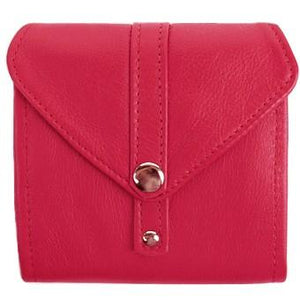Red Ladies Bi-Fold ID Leather Wallet  - compact wallet opens to a 7" bill pocket , flip ID holder and 10 credit card slots. The exterior has a zippered coin pocket and a nickel-plated solid brass snap closure. Closed sized 4.5" x 4.5"