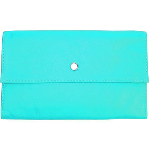 Baby Blue Ladies Tri-fold Clutch Leather Wallet or small clutch. purse. Features 6 credit card/ID pockets, 2 - 7" x 3" slide in pockets for receipts or a cell phone. Outside 4" zippered coin pocket, nickel-plated solid brass snap closure. Closed size 7" x 4.25"