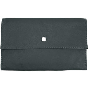 Black Ladies Tri-fold Clutch Leather Wallet or small clutch. purse. Features 6 credit card/ID pockets, 2 - 7" x 3" slide in pockets for receipts or a cell phone. Outside 4" zippered coin pocket, nickel-plated solid brass snap closure. Closed size 7" x 4.25"
