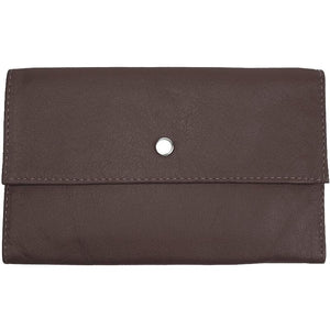 Chocolate Ladies Tri-fold Clutch Leather Wallet or small clutch. purse. Features 6 credit card/ID pockets, 2 - 7" x 3" slide in pockets for receipts or a cell phone. Outside 4" zippered coin pocket, nickel-plated solid brass snap closure. Closed size 7" x 4.25"