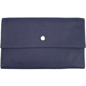 Purple Ladies Tri-fold Clutch Leather Wallet or small clutch. purse. Features 6 credit card/ID pockets, 2 - 7" x 3" slide in pockets for receipts or a cell phone. Outside 4" zippered coin pocket, nickel-plated solid brass snap closure. Closed size 7" x 4.25"