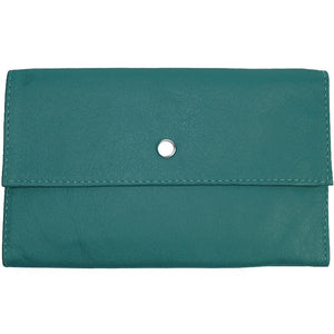 Teal Ladies Tri-fold Clutch Leather Wallet or small clutch. purse. Features 6 credit card/ID pockets, 2 - 7" x 3" slide in pockets for receipts or a cell phone. Outside 4" zippered coin pocket, nickel-plated solid brass snap closure. Closed size 7" x 4.25"