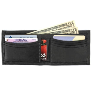 Black Deluxe Bi-fold Leather Wallet offers a total of 10 ID and credit card slots and a full length divided bill compartment. Folded size 3.5" x 4.5"