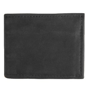 Black Basic Bi-fold Leather Wallet with 4 slide-in horizontal credit card/ID slots, full length divided bill compartment, and 1 vertical vinyl picture insert. Folded size 3.5" x 4".