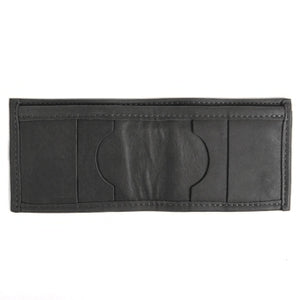 Black Basic Bi-fold Leather Wallet with 4 slide-in horizontal credit card/ID slots, full length divided bill compartment, and 1 vertical vinyl picture insert. Folded size 3.5" x 4".
