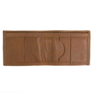 Canyon Brown Basic Bi-fold Leather Wallet with 4 slide-in horizontal credit card/ID slots, full length divided bill compartment, and 1 vertical vinyl picture insert. Folded size 3.5" x 4".