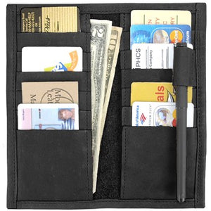 Black Suit Coat Leather Wallet will slip into the breast pocket of your suit. 12 ID & Credit Card pockets, 2 vertical pockets, pen holder and checkbook & register pocket. Folded size 7" x 3.5" 