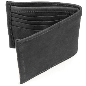 Black leather Bi-fold wallet with snap coin pocket on the inside of the wallet. Size 4.5" x 3.75", 4 credit card slots, 2 vertical slide-in pockets, full length bill section and 2 additional slots behind the coin pocket.