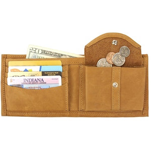 Canary Tan leather Bi-fold wallet with snap coin pocket on the inside of the wallet. Size 4.5" x 3.75", 4 credit card slots, 2 vertical slide-in pockets, full length bill section and 2 additional slots behind the coin pocket.