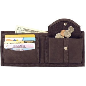 Chocolate Brown leather Bi-fold wallet with snap coin pocket on the inside of the wallet. Size 4.5" x 3.75", 4 credit card slots, 2 vertical slide-in pockets, full length bill section and 2 additional slots behind the coin pocket.