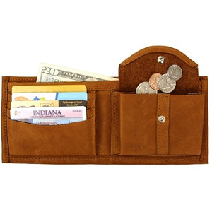 Cognac leather Bi-fold wallet with snap coin pocket on the inside of the wallet. Size 4.5" x 3.75", 4 credit card slots, 2 vertical slide-in pockets, full length bill section and 2 additional slots behind the coin pocket.