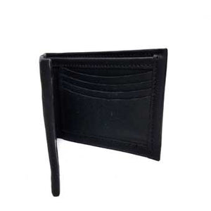 Black Bifold ID Leather Wallet with clear insert for your ID, 4 vertical and 2 horizontal card slots and a bill compartment. Folded size: 3.5" x 4.5"