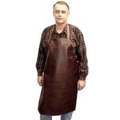 Soft leather apron, no pockets, over the neck straps and ties at the waist. Long length 38" long x 24.5" wide