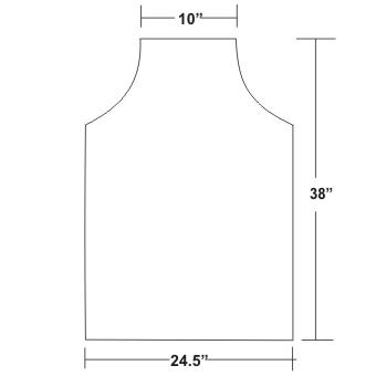 Soft leather apron, no pockets, over the neck straps and ties at the waist. Long length 38" long x 24.5" wide