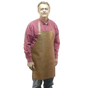 Basic heavy-duty leather shop apron, around the head adjustable strap. Secured at the waist with a leather thong tie with grommets. Size: 28" L x 24.5" W