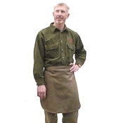 Basic heavy-duty half leather shop apron. Secured at the waist with a leather thong tie with grommets. Size: 22" L x 26.5" W