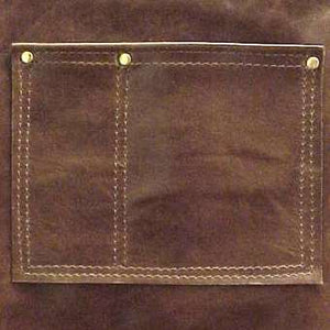 Soft pocketed leather apron with cross back straps and ties at the waist. Regular 28" long x 24.5" wide