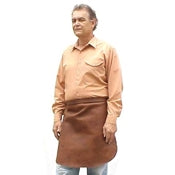 Basic heavier-duty half leather shop apron, no hem. Secured at the waist with a leather thong tie with grommets. Size: 22" L x 26.5" W