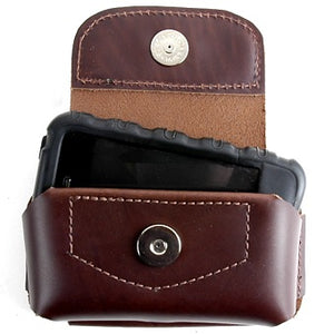 Dark Brown Colossus Horizontal cell phone holder made from durable but flexible USA tanned leather. Fits on a belt with a permanent loop, magnetic snap closure, depth is roomy to get your hand in to grip the phone and has cut outs on the bottom to push the phone up. 