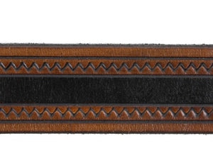 Our custom Two-Tone Brown Zig Zag Leather Belt is hand-dyed and hand tooled creating a unique design and color. This belt is a two-tone color of brown edges and a black interior. It is available in 3 different widths.