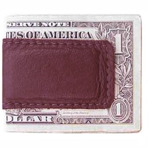 Burgundy Leather Magnetic Money Clip holds 12 bills, closed size 2.5" x 1.75"
