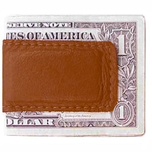 Medium Brown Leather Magnetic Money Clip holds 12 bills, closed size 2.5" x 1.75"