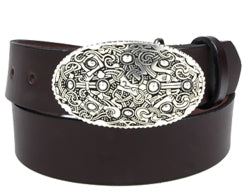 A pewter oval belt buckle with an intricate embossed Viking design. This buckle has a hinged bar for the belt to clip onto and the other end has a strong prong to push through the hole in the belt. 