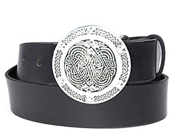 Round Celtic belt buckle with embossed design.  This buckle has a hinged bar for the belt to clip onto and the other end has a strong prong to push through the hole in the belt.