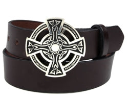 Pewter Celtic Cross buckle with embossed design and cut-outs. This buckle has a hinged bar for the belt to clip onto and the other end has a strong prong to push through the hole in the belt.