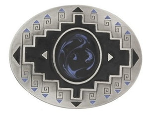 Oval silver buckle with a blue swirl design in the middle and black detail and design. Back of buckle features an eagle on the belt loop. Vintage 1995.  Belt loop measurement: 1.5" or 1.75'