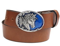 Oval silver belt buckle featuring a horse head with two feathers on a blue background, with scroll work around the buckle.  Back of buckle is detailed.   Belt loop width measurement: 1.5" and 1.75"