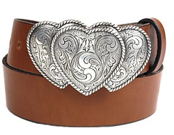 Western style triple heart silver buckle with filigree design and twisted rope borders. 