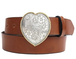Western style single heart silver buckle with filigree design and a gold twisted rope border. 
