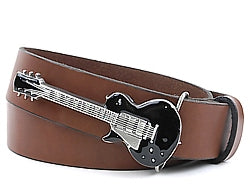 Enameled metal belt buckle featuring an electric guitar.   Made in the USA by Bergamot.