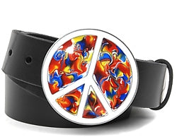 The original Peace & Love Symbol psychedelic belt buckle. Solid alloy metal, made by Bergamot Metal. 