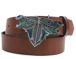 Art Deco Silver metal Dragonfly colored belt buckle. Hand painted with greens and blues.   Made in the USA by Bergamot Art Foundry. 