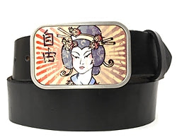 Silver horizontal belt buckle, full color front with Geisha in front of a sunburst.   Belt loop measurement: 1.5" or 1.75'