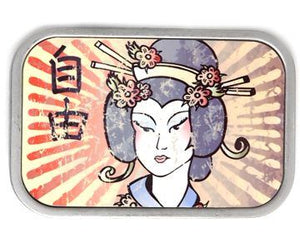 Silver horizontal belt buckle, full color front with Geisha in front of a sunburst.   Belt loop measurement: 1.5" or 1.75'