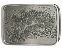 If you love Alice In Wonderland, this silver horizontal belt buckle featuring the Cheshire Cat is for you.  Made in the USA by Bergamot.     The back of the buckle reads: "Well! I've often seen a cat within a grin," thought Alice, "But A Grin Without a cat! It's the most curious thing I ever say in my life!"