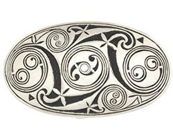 The spiral oval design is fashioned after the Spirals found in the ancient Lindisfarne manuscript. Pewter, made in the United Kingdom. 