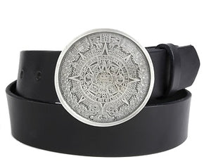 Silver metal Aztec Calendar Mayan belt buckle details front and back. Made in the USA by Bergamot Art Foundry. 