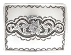 Silver horizontal buckle with detail around the edges and pattern in the middle.  Belt loop measurement: 1.5" or 1.75'