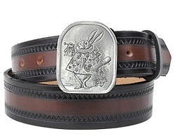 If you love Alice In Wonderland, this belt buckle is for you. The front has an image of the White Rabbit.  The back of the buckle says: ...And near the King was The White Rabbit, with a trumpet in one hand and a scroll of parchment in the other. 