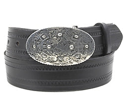 A pewter oval belt buckle with an intricate embossed Viking design. This buckle has a hinged bar for the belt to clip onto and the other end has a strong prong to push through the hole in the belt. 