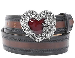 Western style single heart with silver flowers and feather detail and a bright red center. 