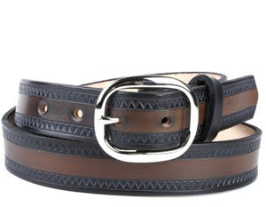 Our custom Two-toned Zig Zag hand-dyed and hand tooled leather belt Brown with Black edging