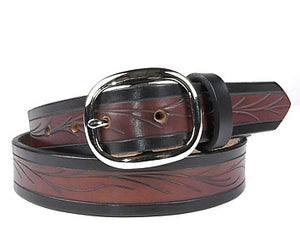 Our custom Viny hand-dyed and hand tooled leather belt Brown with Black edging 