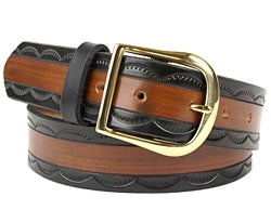 Our custom Two-Tone Black and Brown belt features a half circle pattern on the black edging of the belt and a brown center. This Leather Belt is hand-dyed and hand tooled creating a unique design and color.  It is available in 2 different widths.